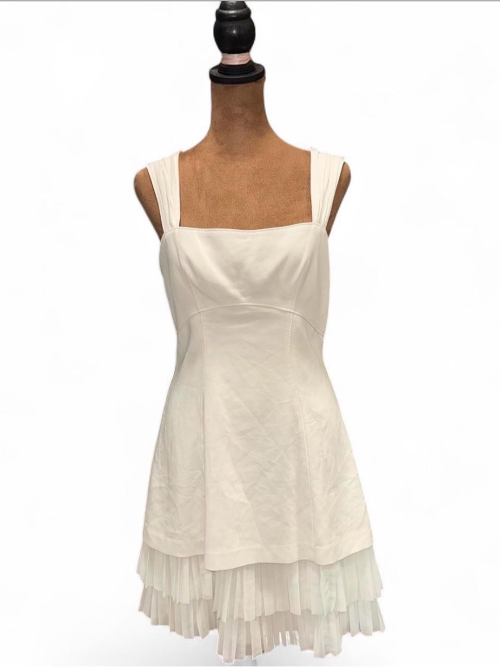 Elegant Ivory Tiered Pleated Hem Square Neck Dress 6 Cinq a Sept